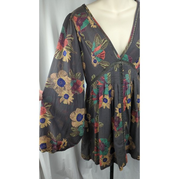 FREE PEOPLE Brown Mini Dress Floral Balloon Sleeve Boho Bohemian Festival XS - Picture 3 of 6